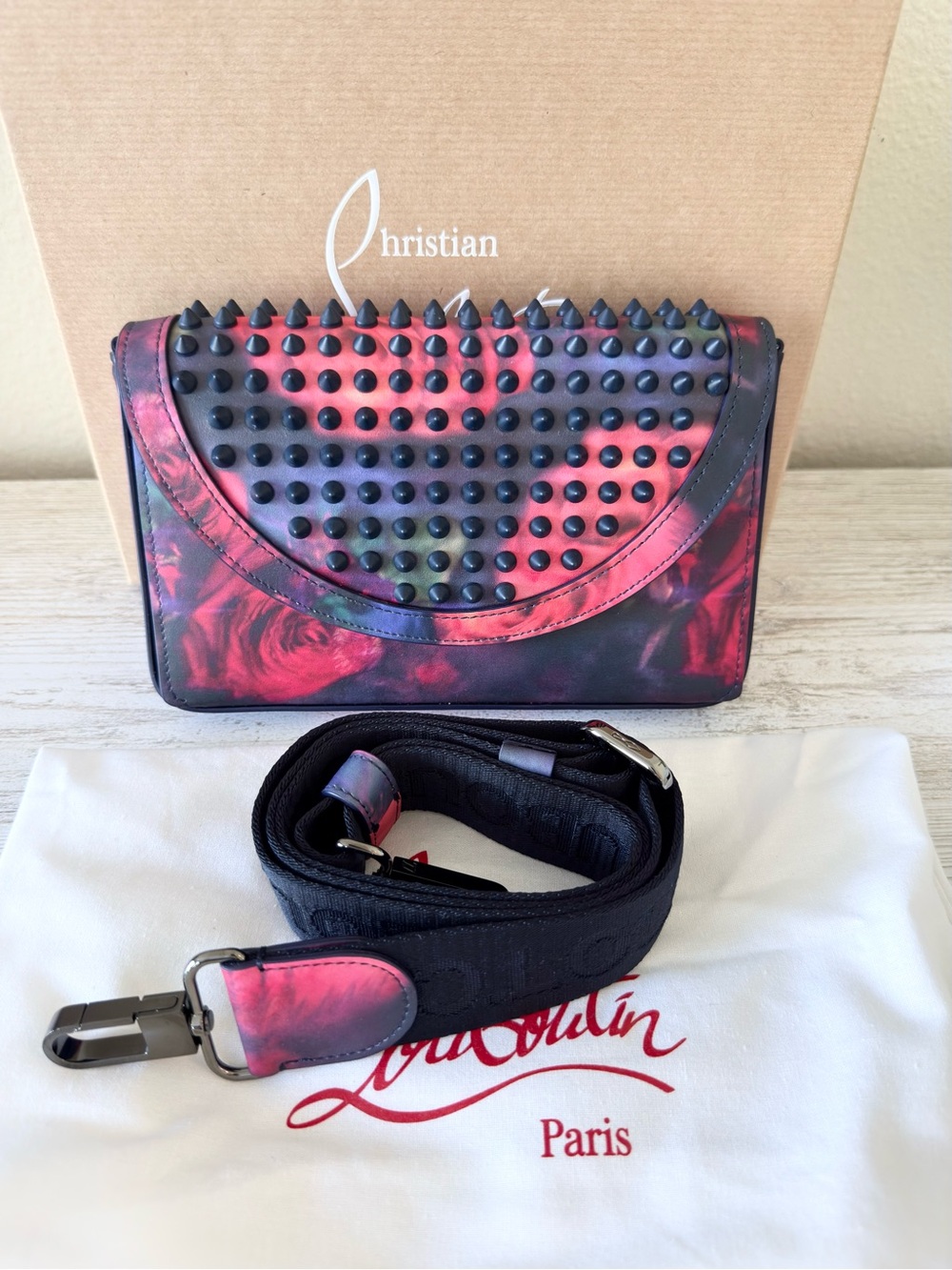 New Christian Louboutin Funky Spiky Paris Roses leather crossbody mini bag